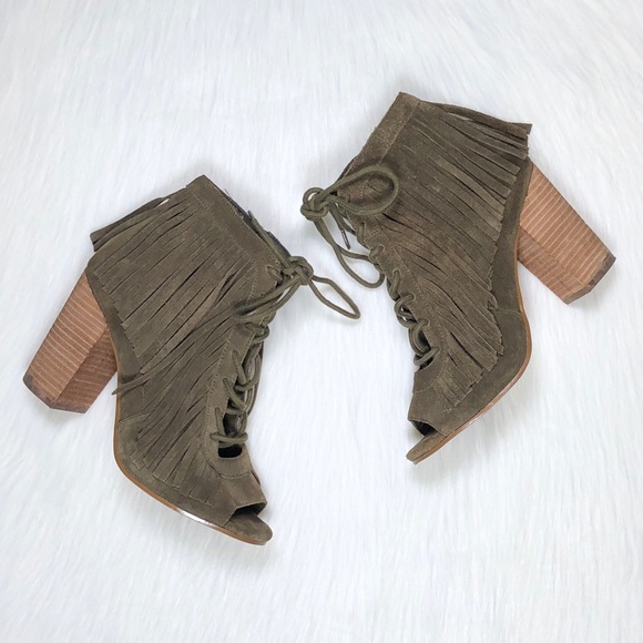 Gianni Bini olive green fringe peep toe booties - Picture 5 of 8